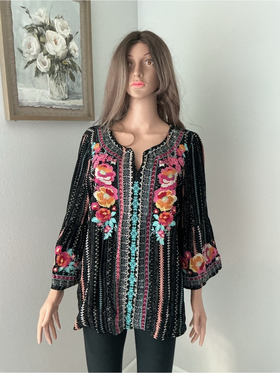 Savanna Jane Tops - Savanna Jane Black Embroidered Floral Top with Pink & Turquoise Accents